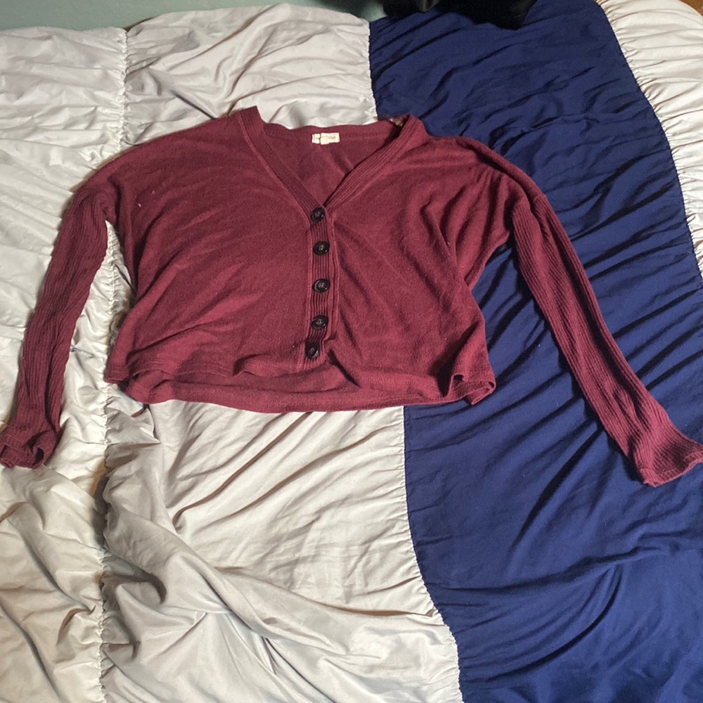 Burgundy button up; long sleeve; crop; made by Heart & Hips
